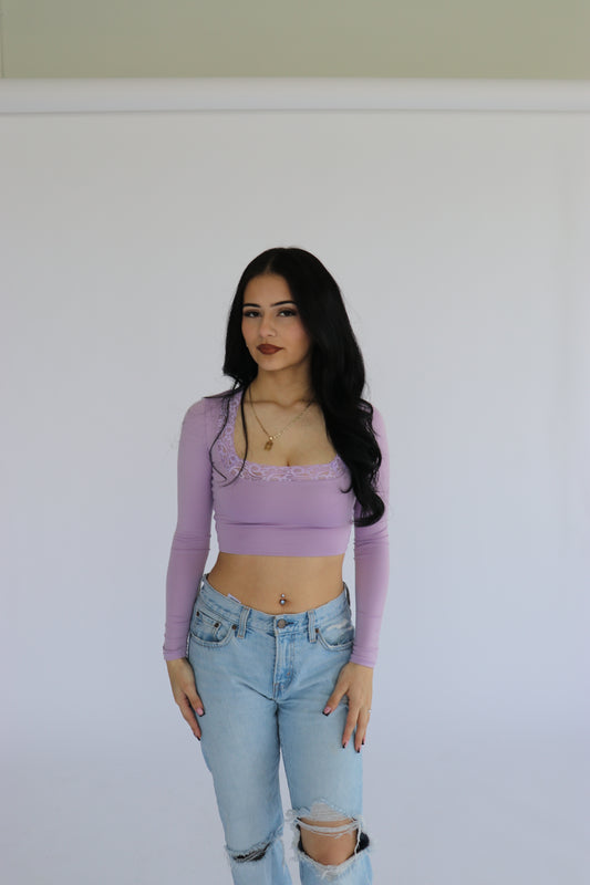Lilac Cropped buttery laced top